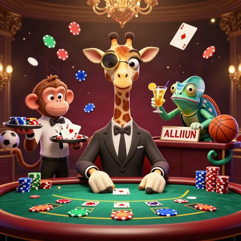 Casino giraffe, monkey, and chameleon amid chips, cards, and flying balls in gold light
