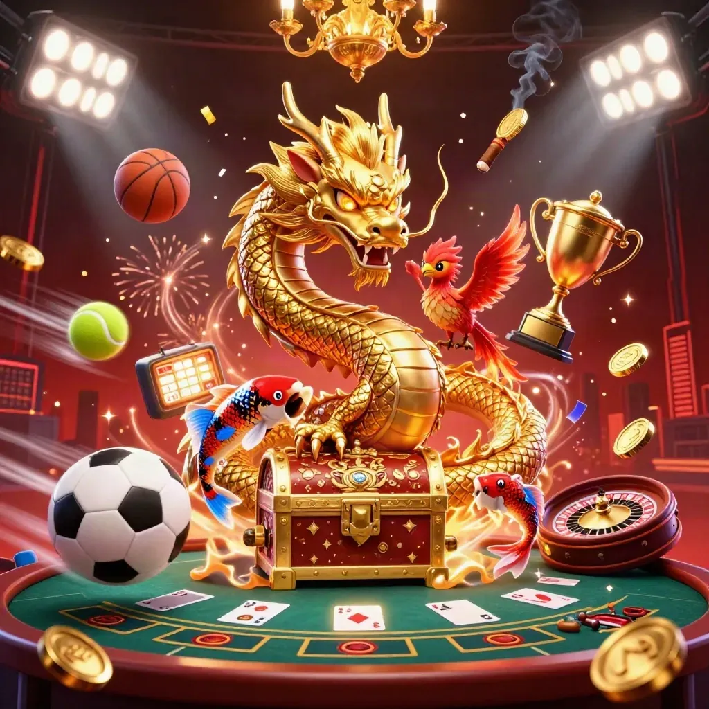 Golden dragon with phoenix and koi amid casino glam, sports balls, lights, and fireworks.