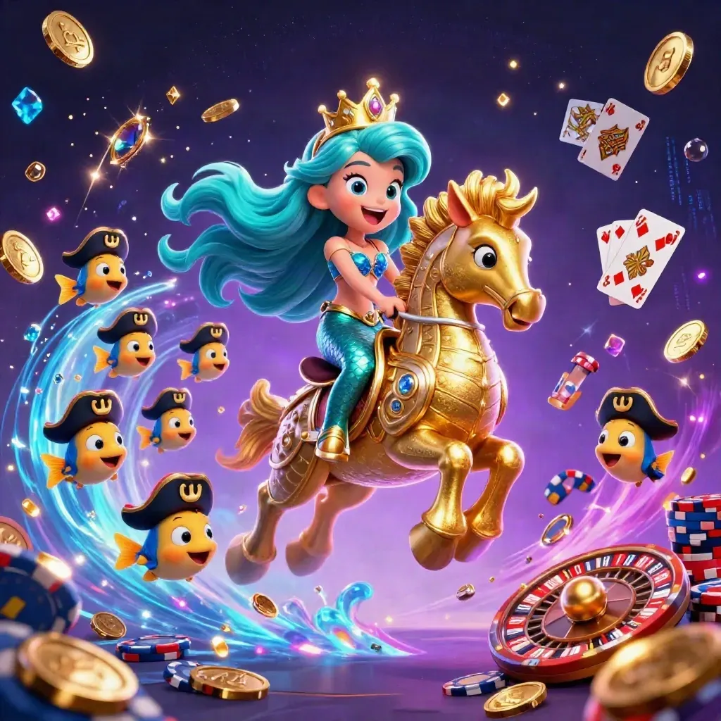 Mermaid princess on armored seahorse amid coins, gems, roulette wheel and pirate fish in neon glow