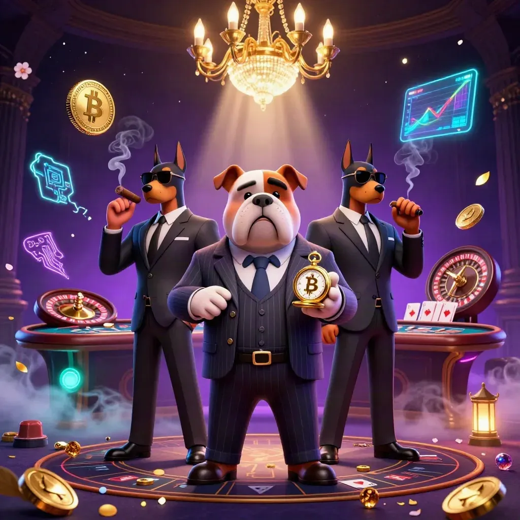 Bulldog boss and two Dobermans in a neon casino scene with coins, gems, and glowing effects.