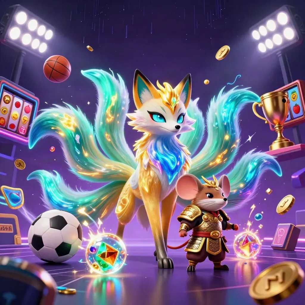 Neon nine-tailed fox spirit with armored mouse amid coins, sports balls, trophy and casino glow.
