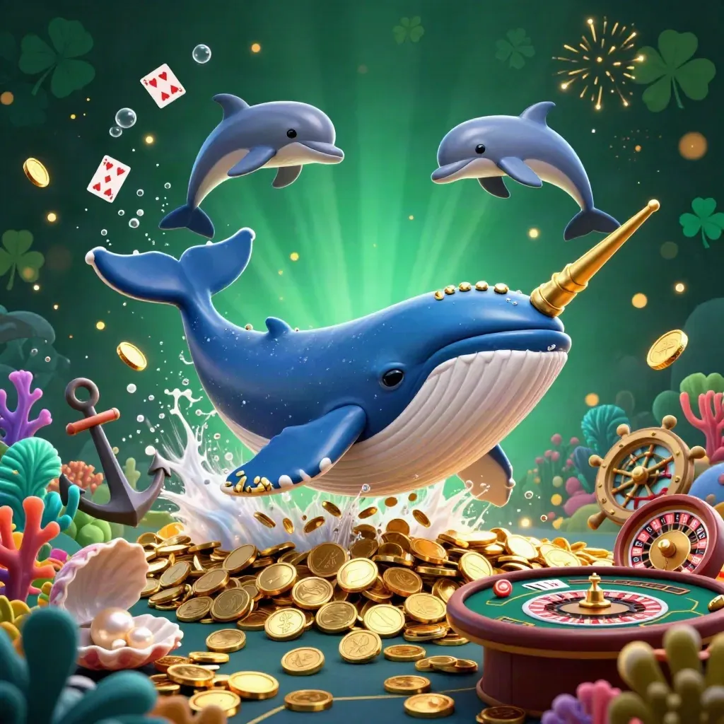 Whale captain, narwhal, and dolphins burst through gold coins in a luxe casino treasure cove.