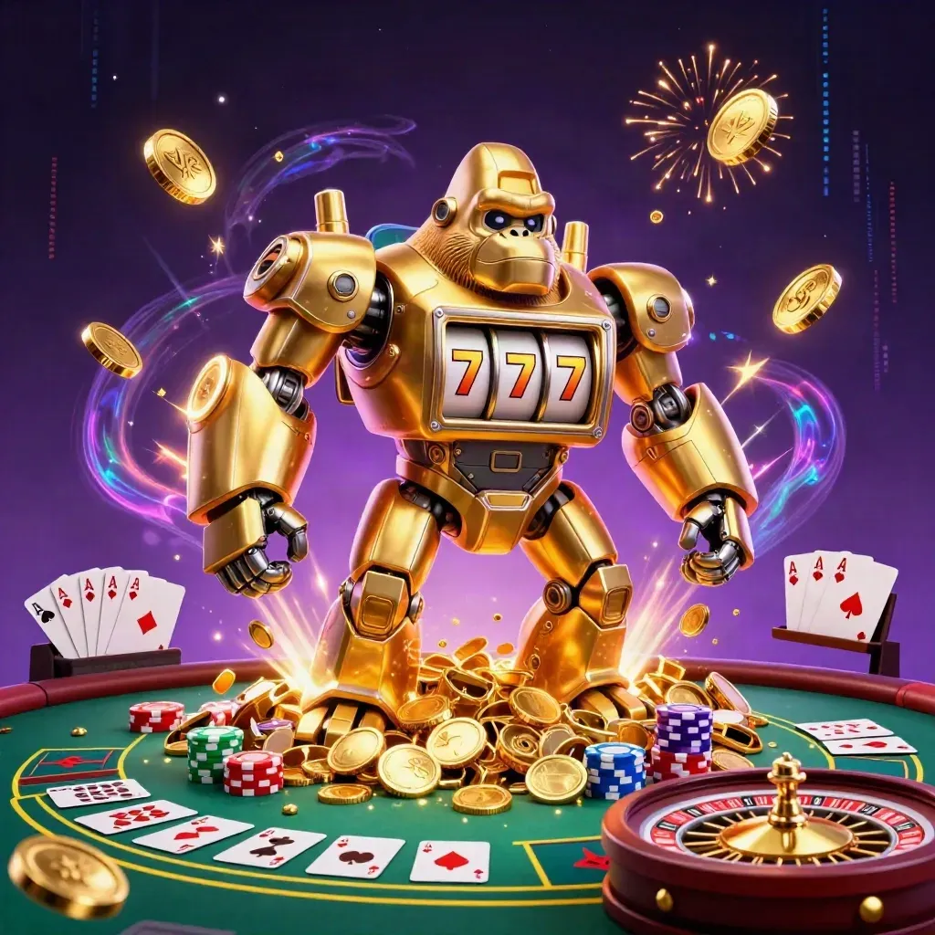 Golden gorilla mech with monkey pilot, exploding coins, cards, chips, and neon casino lights