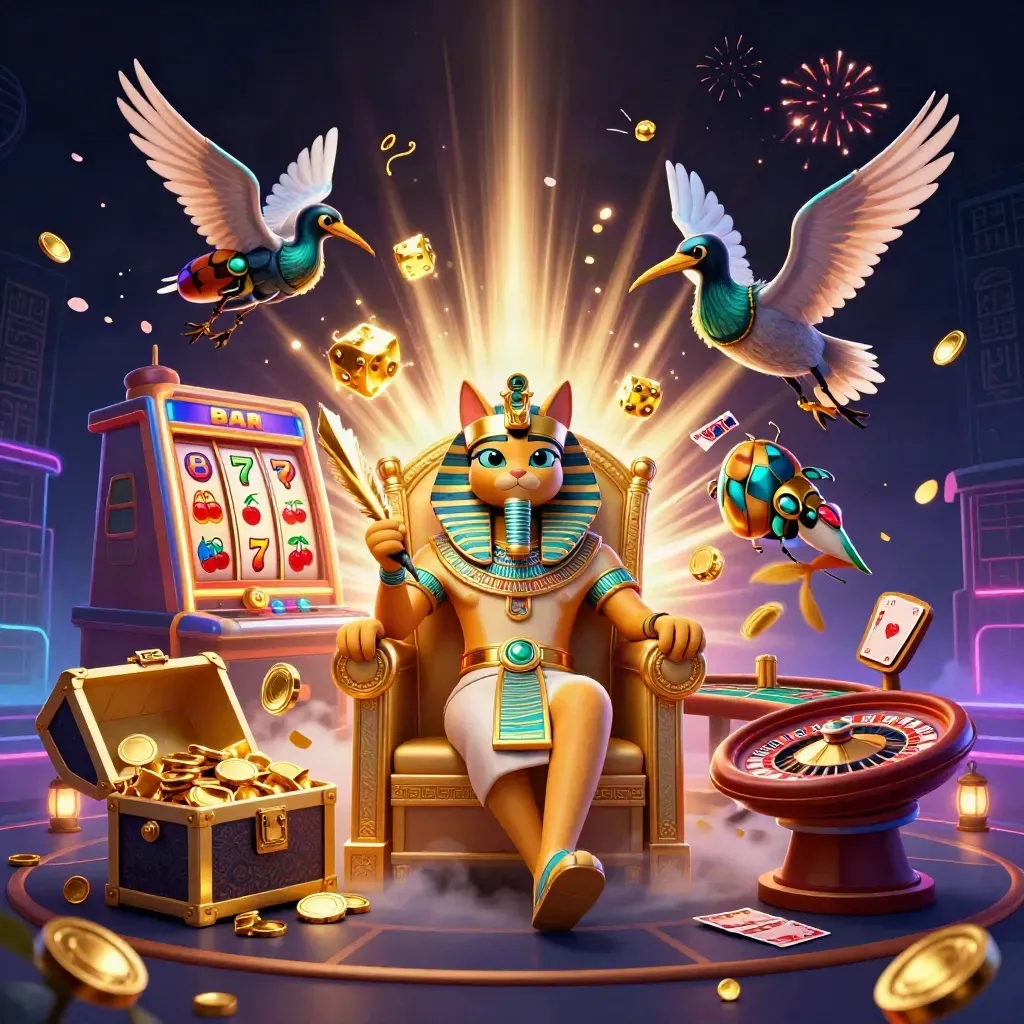 Pharaoh cat, ibis scribe, and gem-winged scarabs amid jackpot slots and gold