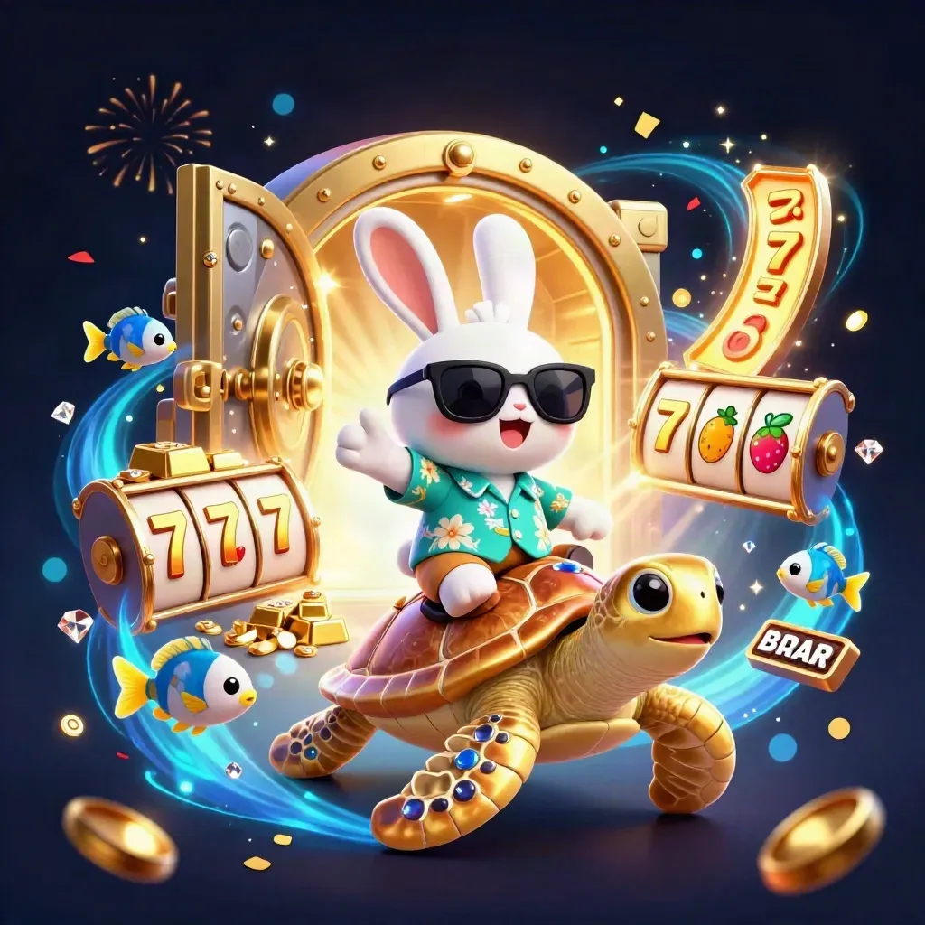 Lucky rabbit on a gem turtle, vault blast, gold, reels, and casino sparkles in a dark neon sea.