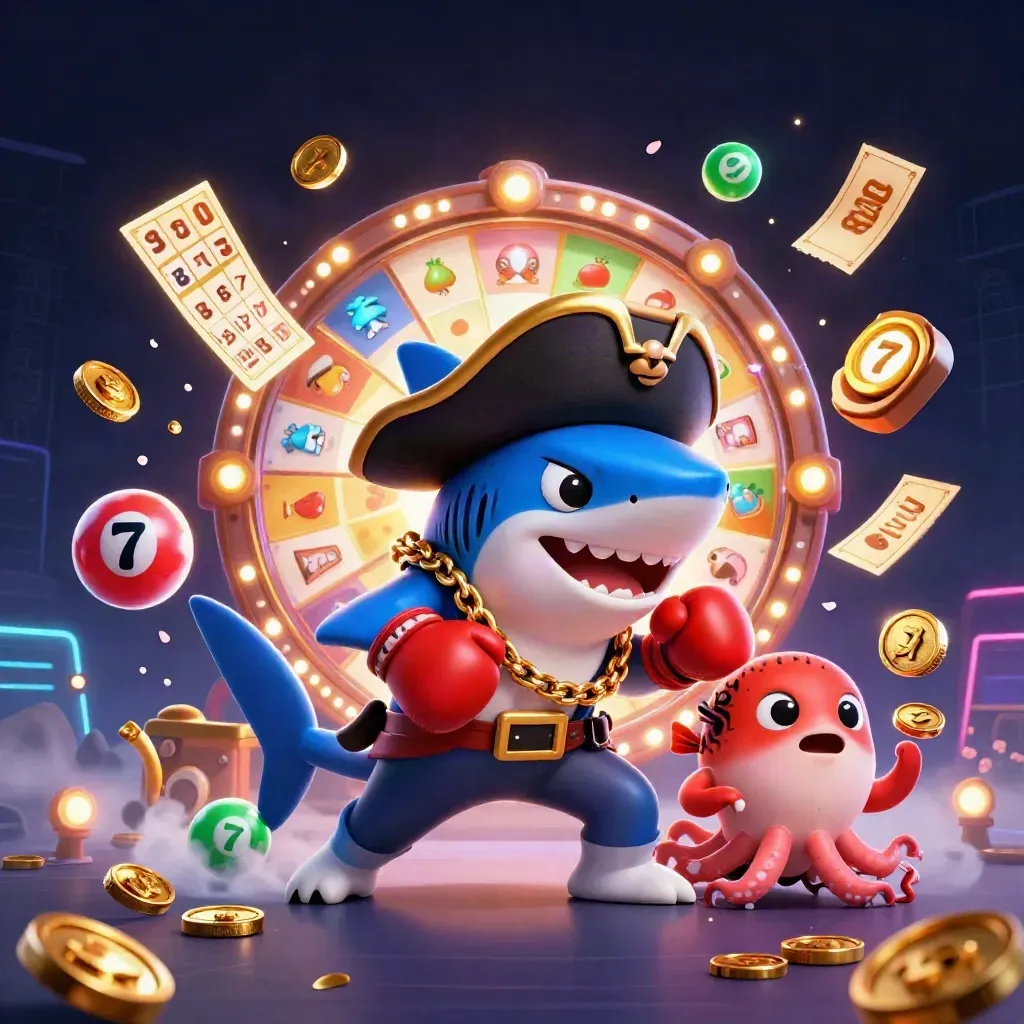 Pirate shark, boxing pufferfish, and juggling octopus amid casino gems and neon effects.