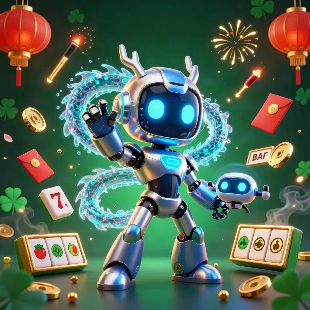 Cyberpunk robot, holographic dragon, and coin drone amid casino charms and glowing jade coins.
