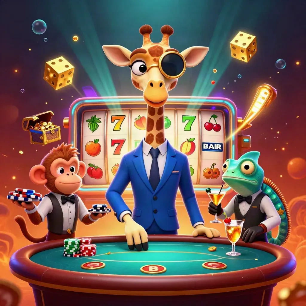 High-roller giraffe, monkey valet and chameleon bartender amid jackpot slots, dice and gold.